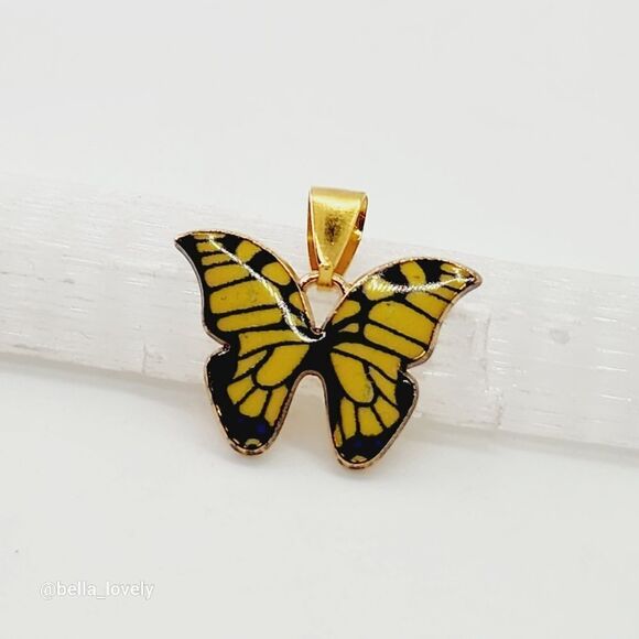 Small Yellow Black Tibetan Gold Enamel Mixed Butterfly Pendant 0.8" - Picture 1 of 2